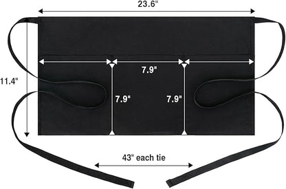 BOHARERS 3 Pockets Waitress Apron 12 Pack Cotton Server Apron Black Half Aprons for Men & Women Waterproof and Oil Proof