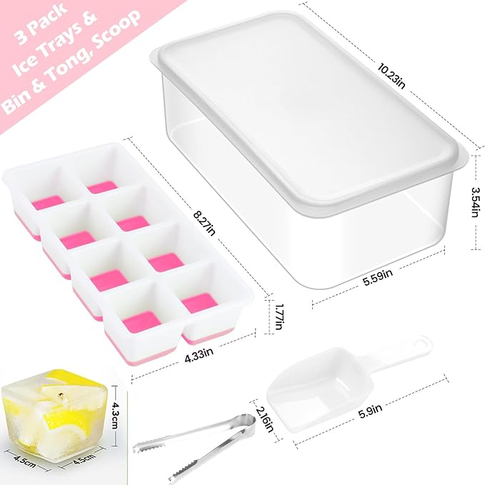 Large Ice Cube Tray with Lid and Bin, Jrisbo Silicone Big Square Ice Cube Molds for Freezer, 3 Pack Stackable Huge Cubed Ice Trays with Ice Tong, Ice Scoop for Whiskey Cocktails Soups Frozen Treats - Image 6