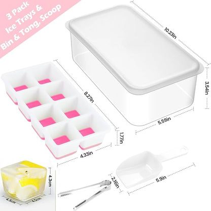 Large Ice Cube Tray with Lid and Bin, Jrisbo Silicone Big Square Ice Cube Molds for Freezer, 3 Pack Stackable Huge Cubed Ice Trays with Ice Tong, Ice Scoop for Whiskey Cocktails Soups Frozen Treats - Image 6