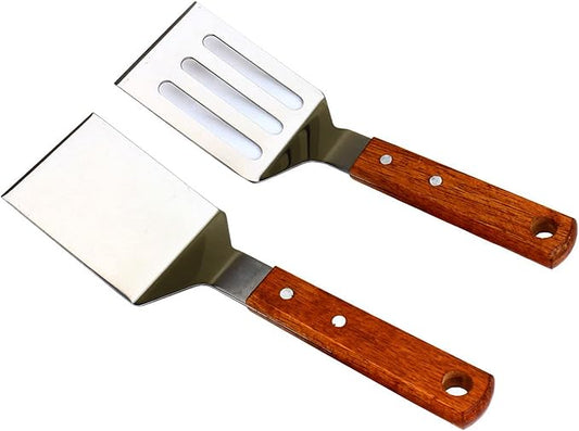 KLAQQED 2 PCS Metal Spatula for Cast Iron Skillet, Stainless Steel Grill Spatula Slotted Turner Fish with Wood Handle Flat Top Griddle for Cooking BBQ