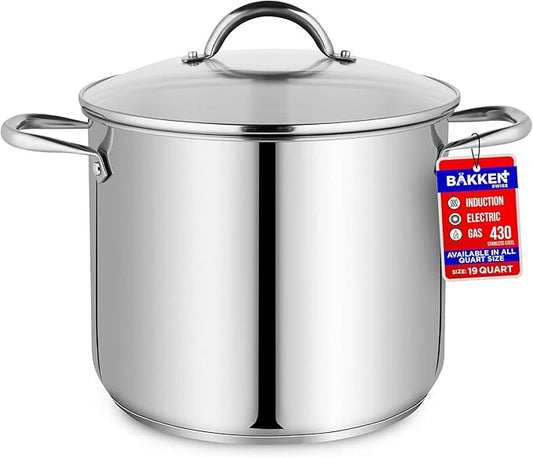 Stainless Steel Stockpot with Tempered Glass Lid 19 Quart, Durable 18/0 Stainless Steel, Impact-Bonded Base for Even Heating, Riveted Handles, Oven & All Stove Compatible, Safe Up To 500°F (260°C) by Unknown