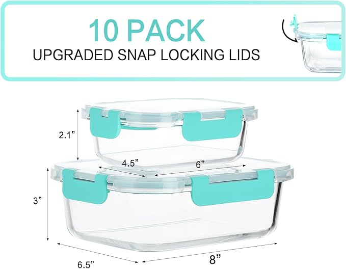 [10-Pack]Glass Meal Prep Containers with Lids, MCIRCO Glass Food Storage Containers with Snap Locking Lids, Airtight Lunch Containers, Microwave, Oven, Freezer and Dishwasher, Green - Image 2