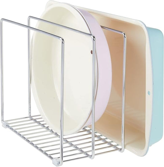 mDesign 3 Slot Tray and Pan Rack — Metal Wire Rack for Pantry and Kitchen Storage — Freestanding Pan Lid Holder Also for Baking Trays and Crockery – Silver by mDesign