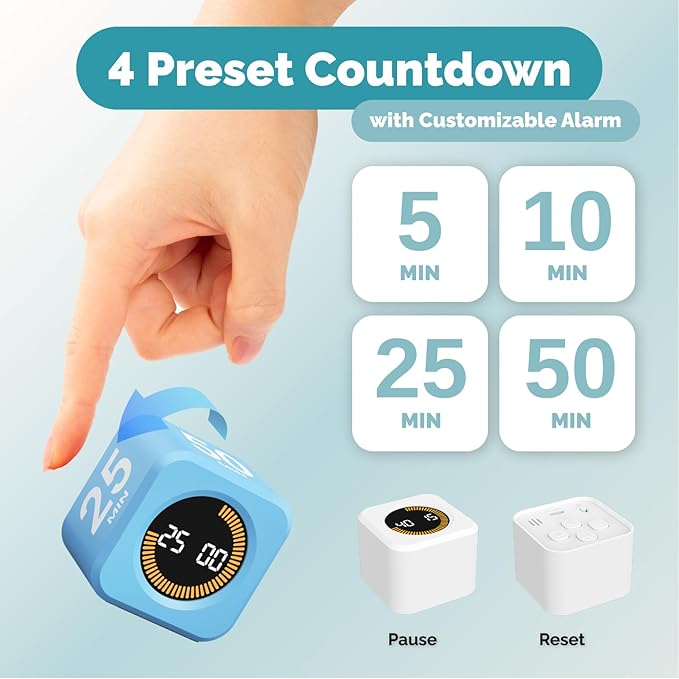 KADAMS Pomodoro Cube Timer Productivity Visual Timer - 5/10/25/50 Min Rotating Countdown (1, Blue)