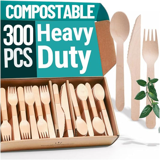 300pcs Disposable Wooden Cutlery Set (150 Forks, 100 Spoons, 50 Knives) Our Heavy Duty Compostable Wood Utensils is FSC Certified Protecting Forests. Zero Plastic Cutlery For Any Occasion by EarthClusive