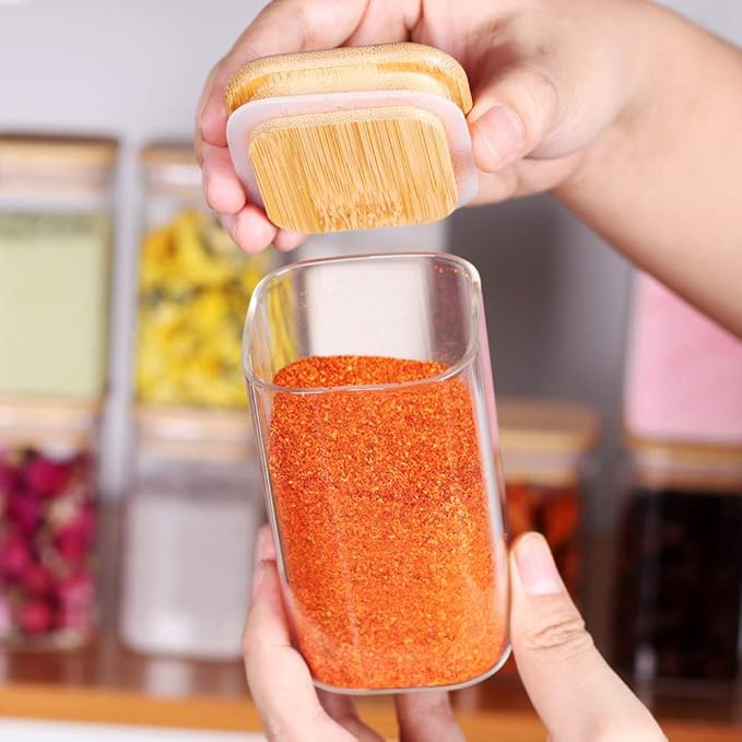 Tzerotone 10 Pcs Glass Spice Jars - 8oz Empty Square Spice Storage Containers With Bamboo Airtight Lid and Labels - Thicken Small Glass canister for Kitchen Seasoning,Coffee Bean,Tea,Suger,Herbs - Image 5