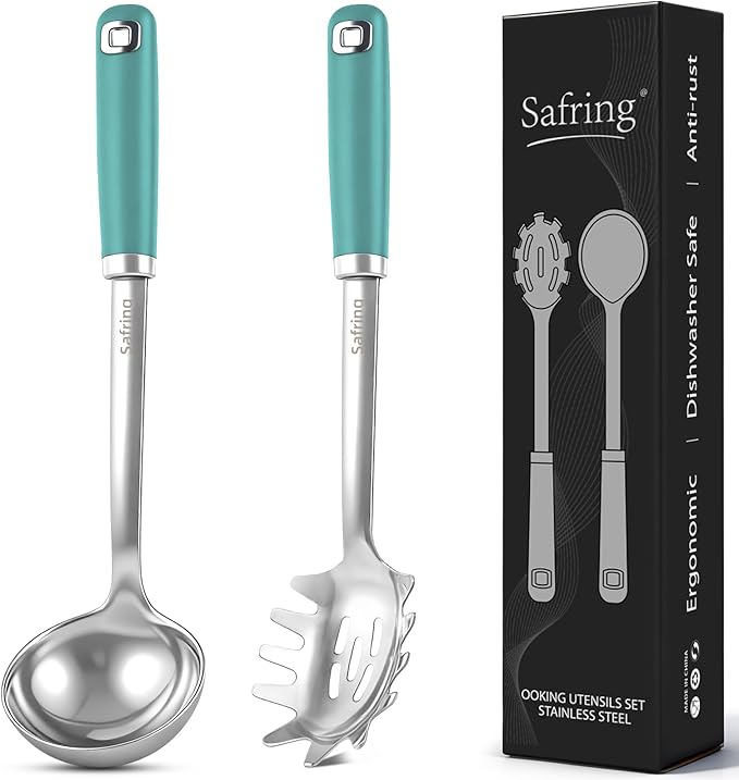Safring Stainless Steel Soup Ladle and Spaghetti Spoon Set, Heat Resistant Rubber Handle, Dishwasher Safe, Kitchen Utensils for Cooking, Stirring, Serving Pasta, Soup & Sauce (Aqua Sky) by Safring