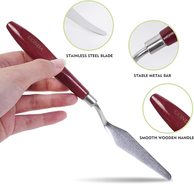 CONDA Palette Knife Painting Stainless Steel Spatula Palette Knife Oil Paint Metal Knives Wood Handle (Red 5 Piece) - Image 3