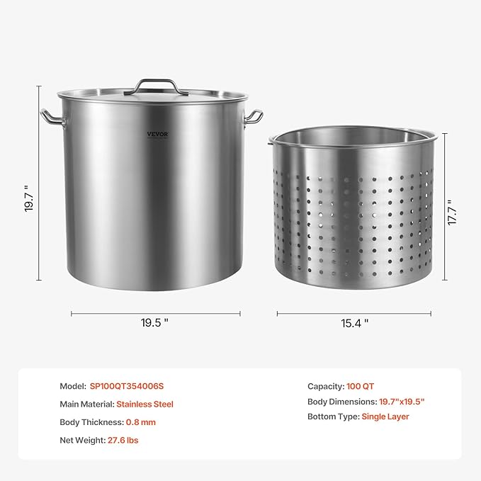 VEVOR Stainless Steel Stockpot, 100 Quart Large Cooking Pots, Cookware Sauce Pot with Basket, Lid, and Handle, Heavy Duty Commercial Grade Stock Pot, Sanding Treatment, for Large Groups Events Silver - Image 7