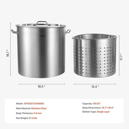 VEVOR Stainless Steel Stockpot, 100 Quart Large Cooking Pots, Cookware Sauce Pot with Basket, Lid, and Handle, Heavy Duty Commercial Grade Stock Pot, Sanding Treatment, for Large Groups Events Silver - Image 7