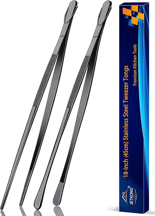 JETKONG 2 Pcs 18 Inch (45cm) Stainless Steel Grill Tongs Heavy Duty Giant Tweezer Tongs, Extra Large Tweezers Tools for Cooking, Grilling, BBQ and Turning Food (Black) by JETKONG