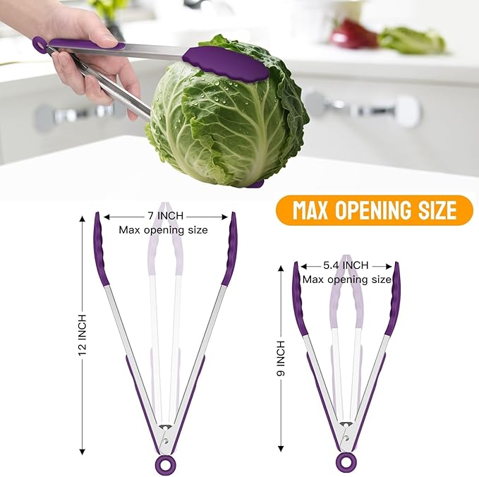 HOTEC Premium Stainless Steel Locking Kitchen Tongs with Silicon Tips, Set of 2-9" and 12" (Purple) - Image 8