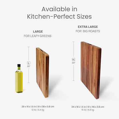 Teakhaus Cutting Board and EON Cutting Board Oil Set - Large (L) Teak Wood Chopping Board & Food-Grade Mineral Oil - 20”L x 15”W x 1.5” Thick - FSC Certified