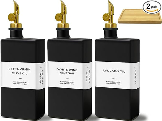Olive Oil Dispenser Bottle for Kitchen with Bamboo Tray- Glass Oil and Vinegar Dispenser Set 16.9oz, Soy Sauce & Syrup Bottle, Modern Hostess Gift (Black, 16.9oz, Set of 3) by Gelury