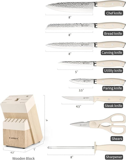 Kitchen Knife Set,14-Piece Knife Set With Block Wooden, Self Sharpening For Chef Knife Set, High Carbon German Stainless Steel Hammered Collection Knife Block Set, Dishwasher Safe Cutlery, Cream - Image 2
