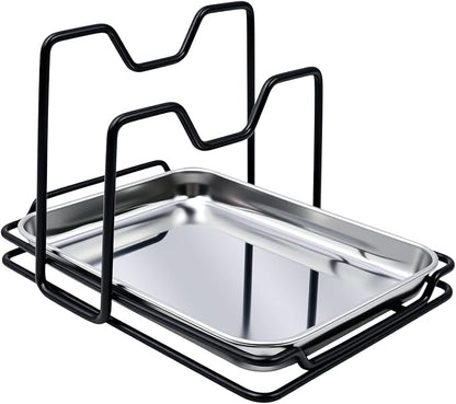 Pot Lid Holder While Cooking, 304 Stainless Steel Spoon Rest with Lid Holder for Countertop, Multifunctional Pan Lid Storage and Utensil Organizer for Stove Top