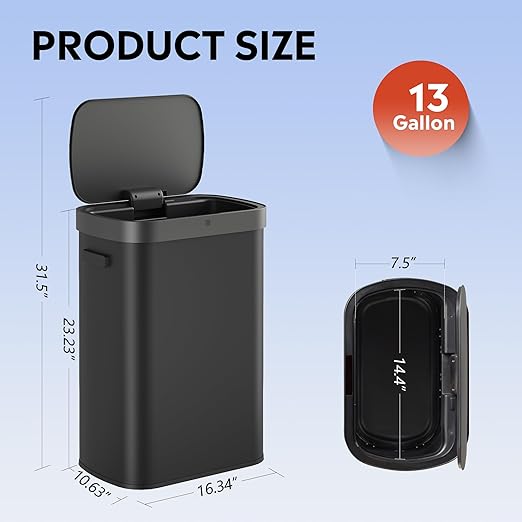 WLIVE 13 Gallon Trash Can, 50 Liter Large Capacity Motion Sensor Automatic Trash Cans Touchless with LED Indicator, Brushed Stainless Steel Finish Garbage Cans for Kitchen, Office, School, Black
