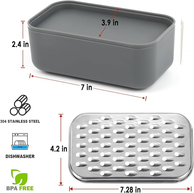 Cheese Grater Citrus Lemon Zester with Food Storage Container & Lid - Perfect For Hard Parmesan Or Soft Cheddar Cheeses, Ginger, Vegetables, Butter, Chocolate & Nutmeg, Gray