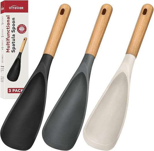 3 PACK Cooking Spatula Spoon for Nonstick Cookware, Multifunction Spoonula Great for Cooking, Serving, Baking, Mixing, Stirring, Scoop, Scrape - Sturdy BPA-Free Heat Resistant Silicone & Wood Handle by VITEVER