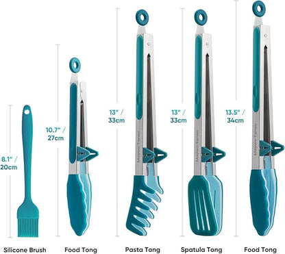 5-Pack Silicone Tongs for Cooking,Maywe Tanso 4PCS 13-Inch Kitchen Tongs with Silicone Tips,Nonstick Stainless Steel Tong for Steak Pie Pizza Pasta Spaghetti Salad BBQ Buffet,Plus Brush - Image 6