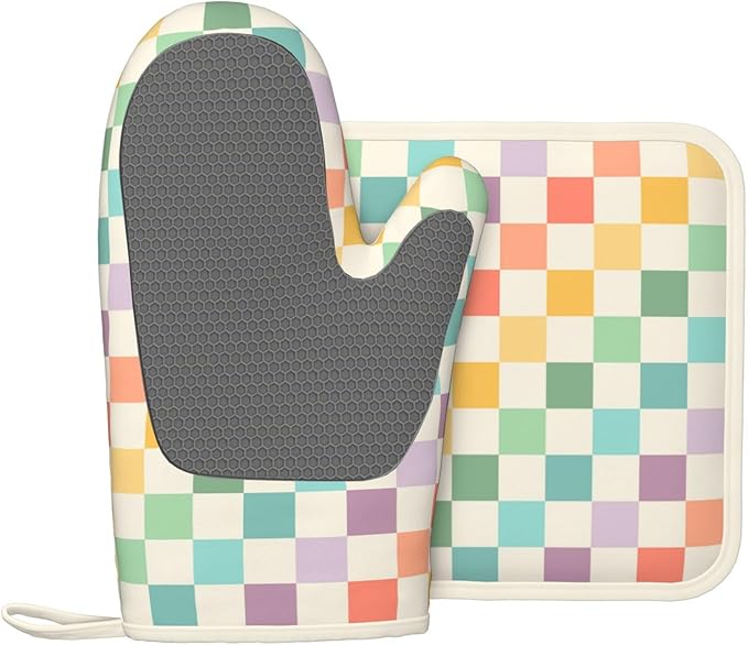 Vintage Checkered Silicone Oven Mitts Pan Mats Set of 2, Heat Resistant Gloves Potholder with Non-Slip Grips Hanging Loops Pot Holder, Spring Summer for Chef Cooking, Baking, Grilling, BBQ
