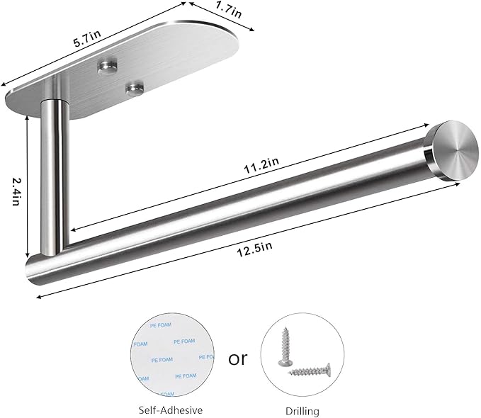 VAEHOLD Adhesive Paper Towel Holder Under Cabinet Mount, Wall Mounted Paper Towel Roll Holder for Kitchen Paper Towel, Stainless Steel（Silvery） - Image 2