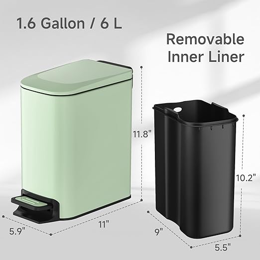 TIPGO Slim Bathroom Trash Can with Lid Soft Close, 6 Liter / 1.6 Gallon Stainless Steel Garbage Can with Removable Inner Bucket, Step Pedal, Small Trash Cans for Bedroom, Office, Kitchen (Green) - Image 7