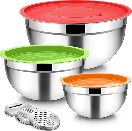 TeamFar Mixing Bowls, Stainless Steel Nesting Salad Bowls with Lids Set & 3 Grater Attachments, For Mixing/Serving/Storing, Non-toxic & Long-lasting, Size 4.6/3 / 1.5 QT, Colorful by TeamFar