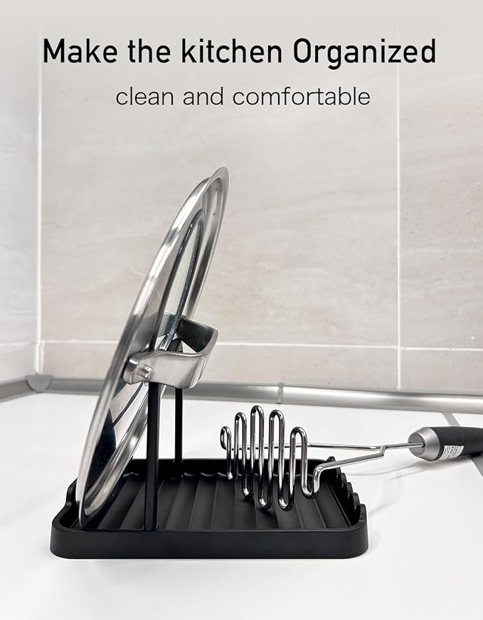 Anti-Rust Metal Spoon Rest with Lid Holder, Heat-Resistant Pot Lid Rest, Multifunctional Spatula Holder While Cooking for Stovetop and Kitchen Counter – Black - Image 5