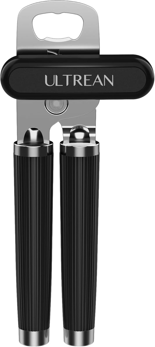 Ultrean Manual Can Opener Bottle Opener, Heavy Duty Stainless Steel Smooth Edge Manual Hand Held Can Opener With Soft Touch Handle, Rust Proof Oversized Handheld Easy Turn Knob (Black) by Ultrean