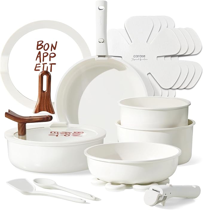 CAROTE 18Pcs Ceramic Cookware Set with Detachable Handle, Pots and Pans Set Non Stick, Non Toxic Kitchen Cooking Sets with Stand-Up Lid, PFAS and PFOA Free, Oven Safe, Induction Ready, Cream White by CAROTE