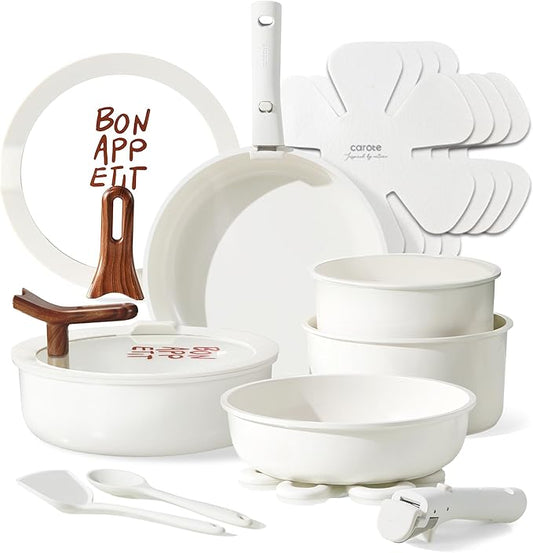 CAROTE 18Pcs Ceramic Cookware Set with Detachable Handle, Pots and Pans Set Non Stick, Non Toxic Kitchen Cooking Sets with Stand-Up Lid, PFAS and PFOA Free, Oven Safe, Induction Ready, Cream White by CAROTE