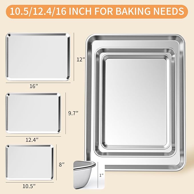 Baking Sheet Set of 3, Stainless Steel Cookie Sheets Baking Sheet Pan, 10.5/12.4/16 Inch, Thicker and Firmer Baking Pans Set, Non-stick, Non toxic & Heavy Duty & Easy Clean，Dishwasher Safe - Image 2