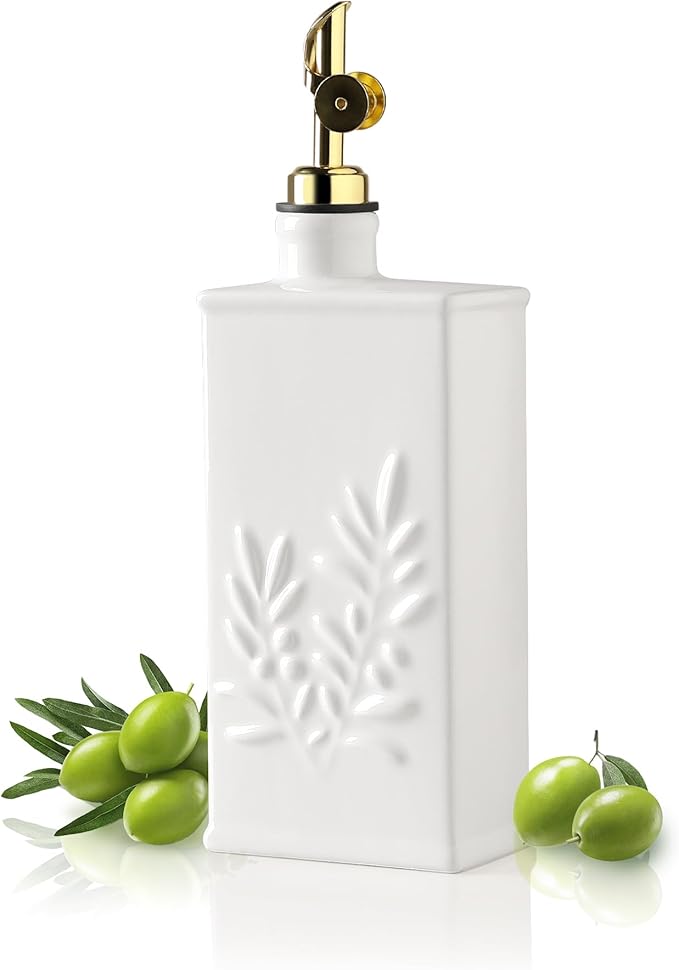Sweejar Ceramic Olive Oil Dispenser Bottle for Kitchen, 17 Oz Relief Opaque Oil and Vinegar Dispenser Bottle with Spout, Suitable for Soy Sauce, Coffee Syrup, Liquids (White)