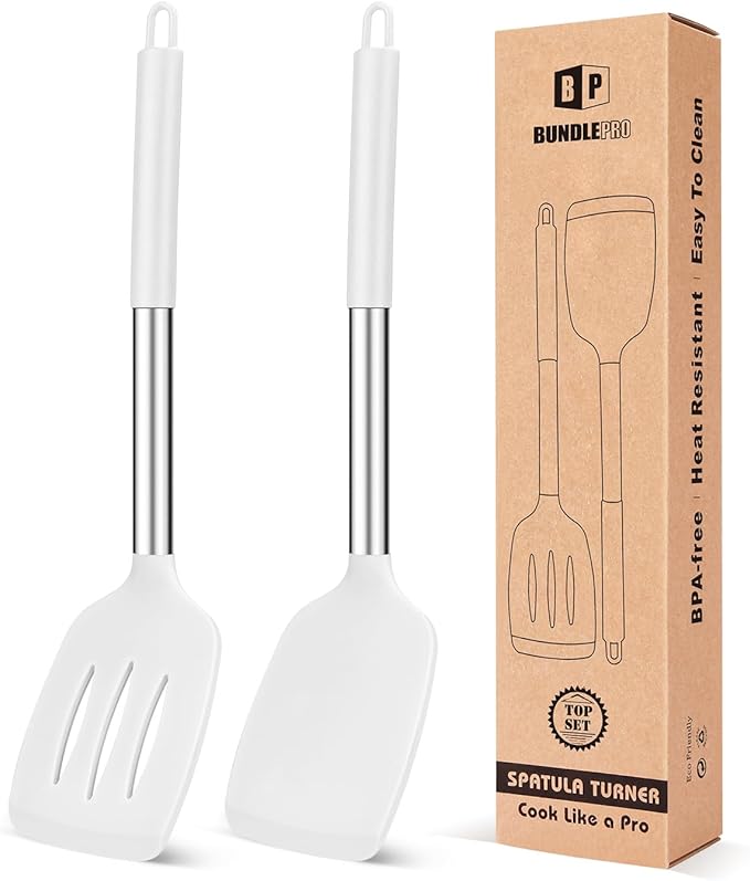 Pack of 2 Silicone Solid Turner, Non Stick Slotted Kitchen Spatulas, High Heat Resistant BPA Free Cooking Utensils, Ideal Cookware for Fish, Eggs, Pancakes(White) by BUNDLEPRO