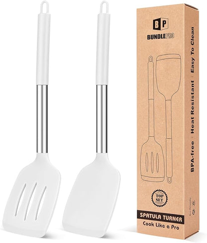 Pack of 2 Silicone Solid Turner, Non Stick Slotted Kitchen Spatulas, High Heat Resistant BPA Free Cooking Utensils, Ideal Cookware for Fish, Eggs, Pancakes(White) by BUNDLEPRO