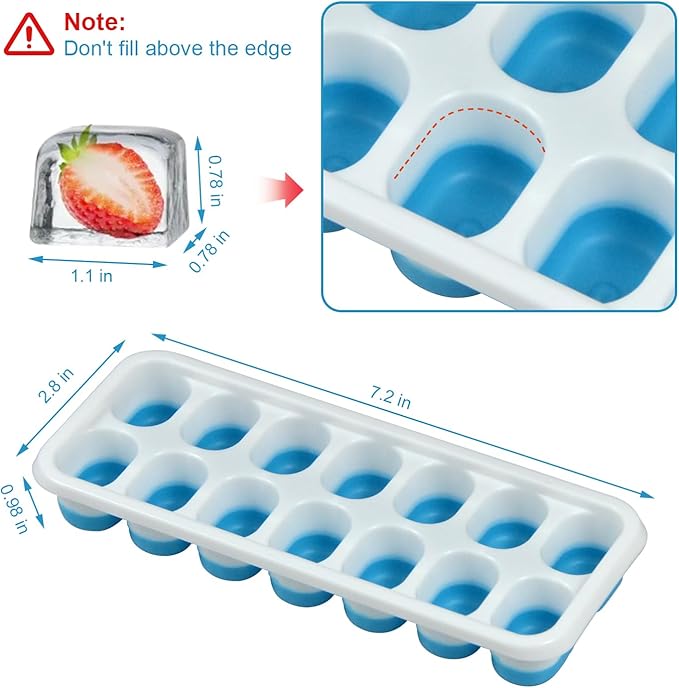 Ice Cube Tray with Lid, Easy-Release, Flexible, Ice Cube Tray, Spill-Resistant, for Freezer, Cocktail, Drinks, Coffee, 2 Pack 28 Pcs, Blue,1.1x2.8x7.2 in - Image 2
