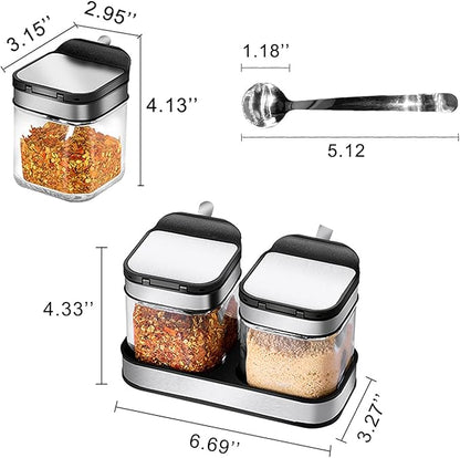Condiment Jar Spice Container with 304 Stainless Steel Lids and Spoons,Clear Glass Condiment Canisters Pots Seasoning Box Salt Container Sugar Bowl Set of 2 for Kitchen, Counter, Food Storage