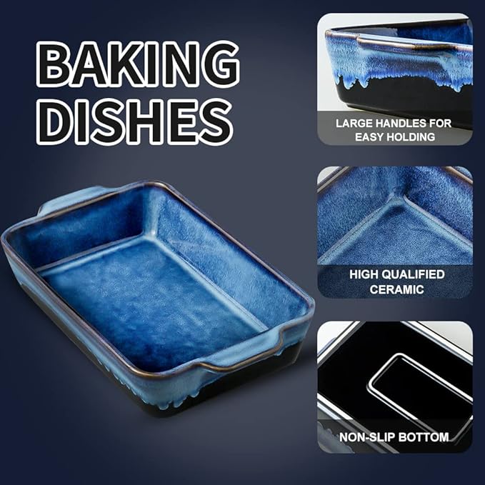 KOOV Bakeware Set, Ceramic Baking Dish, Rectangular Casserole Dish, Lasagna Pan, Baking Pans for Cooking, Cake Dinner, Kitchen, 9 x 13 Inches, Reactive Glaze 3-Piece (Nebula Blue) - Image 2