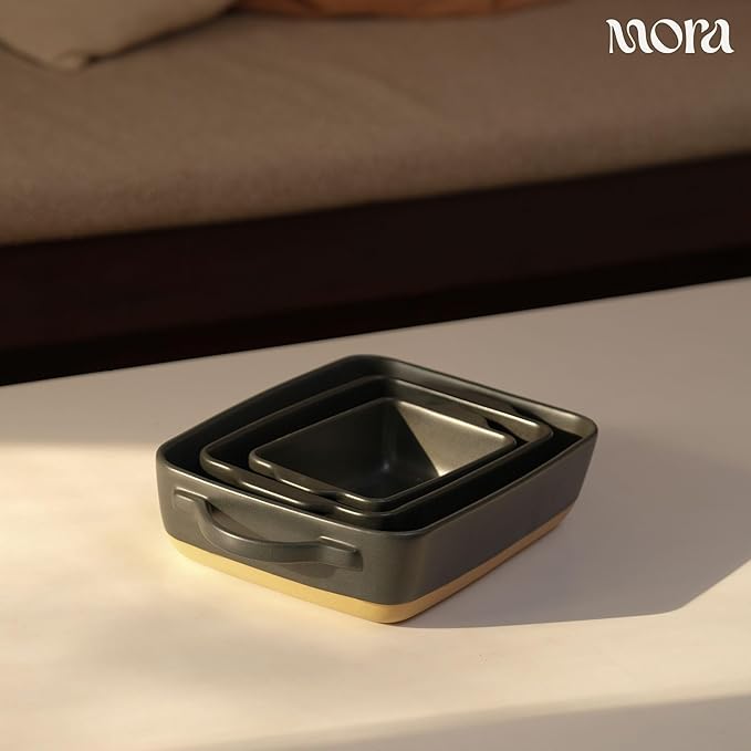 Mora Ceramic Set of 2 Baking Dishes For Casserole, Banana Bread, Brownies, Broiling, Roasting, and Baking. 7x11 in and Loaf Pans - Porcelain Serving Bakeware from Oven to Table. Freezer Safe - Liquorice - Image 6