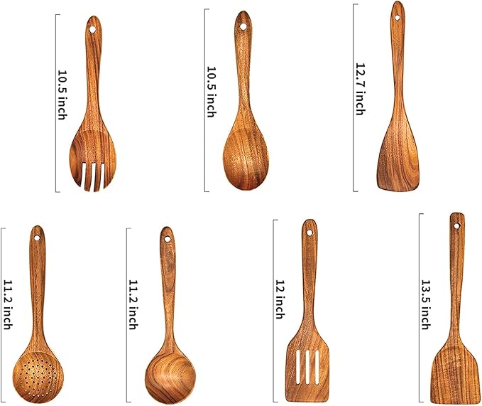 Wooden Spoons for Cooking,Wooden Utensils for Cooking 7 Pcs Wooden Cooking Utensils Wooden Kitchen Utensils Set Wooden Spatulas for Cooking, 14.37*4.13*3.54, Brown - Image 2
