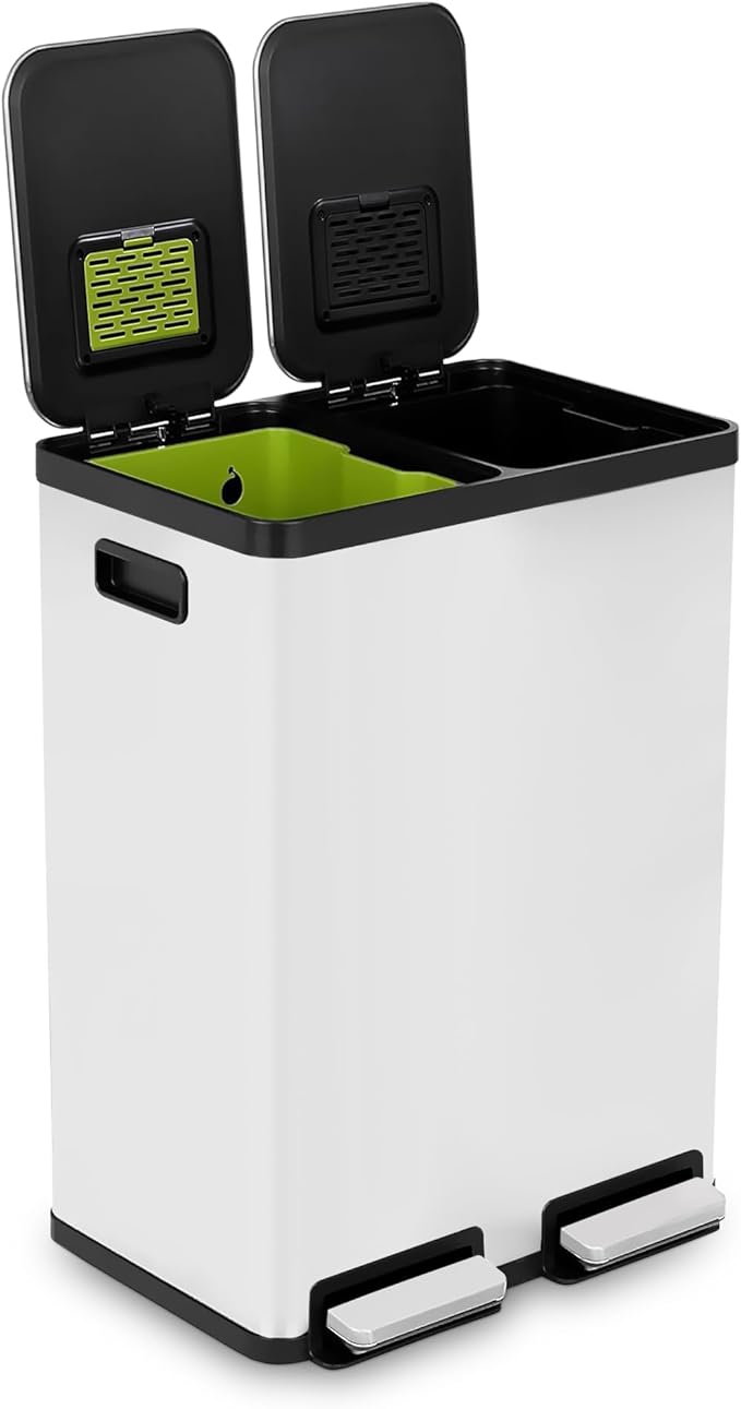 Simpli-Magic 60 Liter / 16 Gallon Rectangular Hands-Free Dual Compartment Recycling Kitchen Step Trash Can with Soft-Close Single Lid, Stainless Steel (30L x 30L Capacity) White by Simpli-Magic