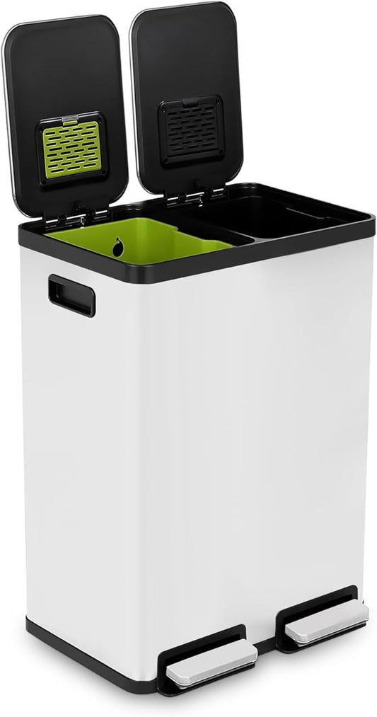 Simpli-Magic 60 Liter / 16 Gallon Rectangular Hands-Free Dual Compartment Recycling Kitchen Step Trash Can with Soft-Close Single Lid, Stainless Steel (30L x 30L Capacity) White by Simpli-Magic