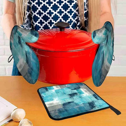 LOKMU Oven Mitts and Pot Holders Set of 3, Teal and Grey White Abstract Art Heat Resistant Kitchen Gloves Hot Pads for Cooking Baking BBQ, Kitchen Decor Gifts for Cooking Lover Cooks