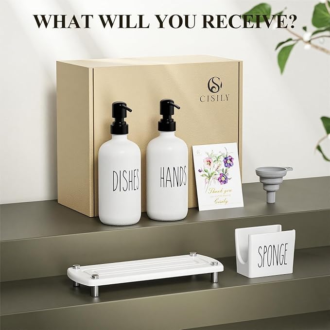 Cisily Kitchen Soap Dispenser Set Comes with Ceramics Sponge Holder, Gold Pumps, and Instant Dry Tray, Hand and Dish Soap Dispenser Set (4, Black + White + Sponge Holder) - Image 7