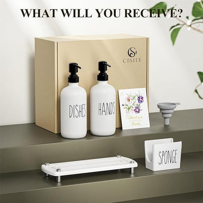 Cisily Kitchen Soap Dispenser Set Comes with Ceramics Sponge Holder, Gold Pumps, and Instant Dry Tray, Hand and Dish Soap Dispenser Set (4, Black + White + Sponge Holder) - Image 7