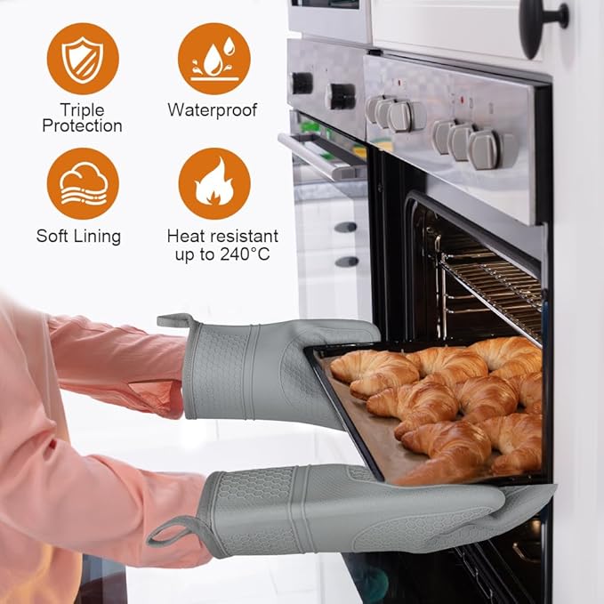 AUAUY Oven Mitts with 2 Potholders, Silicone Oven Gloves Heat Resistant 464°F, Non-Slip Silicone BBQ Gloves, Waterproof Cooking Gloves, Oven Gloves for Barbecue Kitchen Baking Microwave, Grey - Image 4