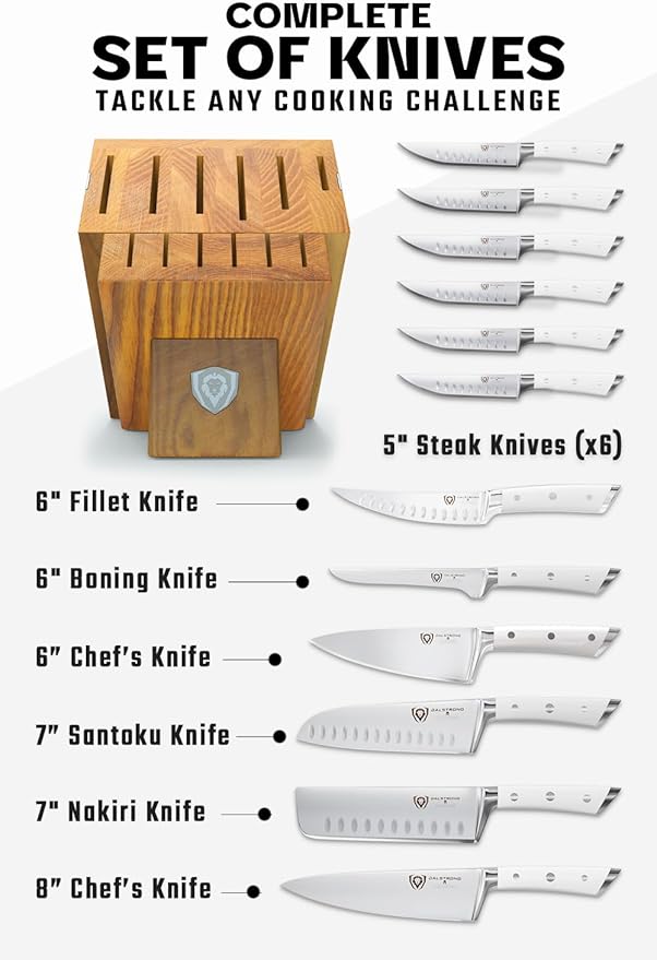 Dalstrong 12-Piece Knife Block Set - Gladiator Series Elite - White Handles - German HC Steel - Hand-Made Manchurian Ash Wood Block - NSF Certified - Image 2