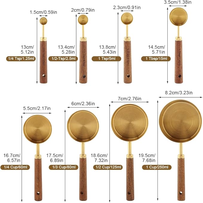 8Pcs Gold Measuring Cups and Spoons Set, Golden Stainless Steel Measuring Cups with Wooden Handle and 4 Measuring Spoons Set for Kitchen Baking Cooking - Image 6