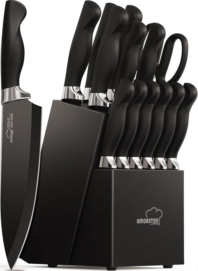 Amorston Knife Set, 15 Pieces Kitchen Knives Set with Block and Built in Sharpener, Dishwasher Safe Knife Block Set, German Stainless Steel Knife Block Set for Home Kitchen Mothers Day Gifts Black by Amorston